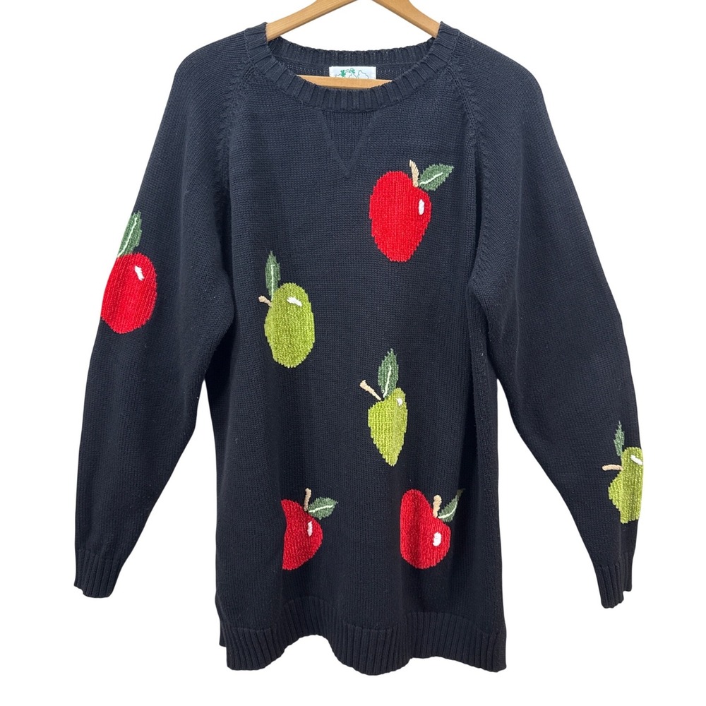Quacker Factory Womens Black Apple Knit Sweater Crewneck Long Sleeve Large